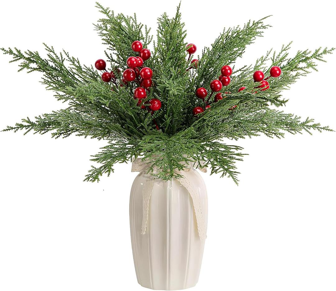 30 Pcs/Set Christmas 3D Artificial Pine Branches- 12.5 Inch Faux Evergreen Cedar Sprigs Branches- Fake Foliage Pine Needles Picks with Artificial Red Berry Stems for DIY Christmas Decoration