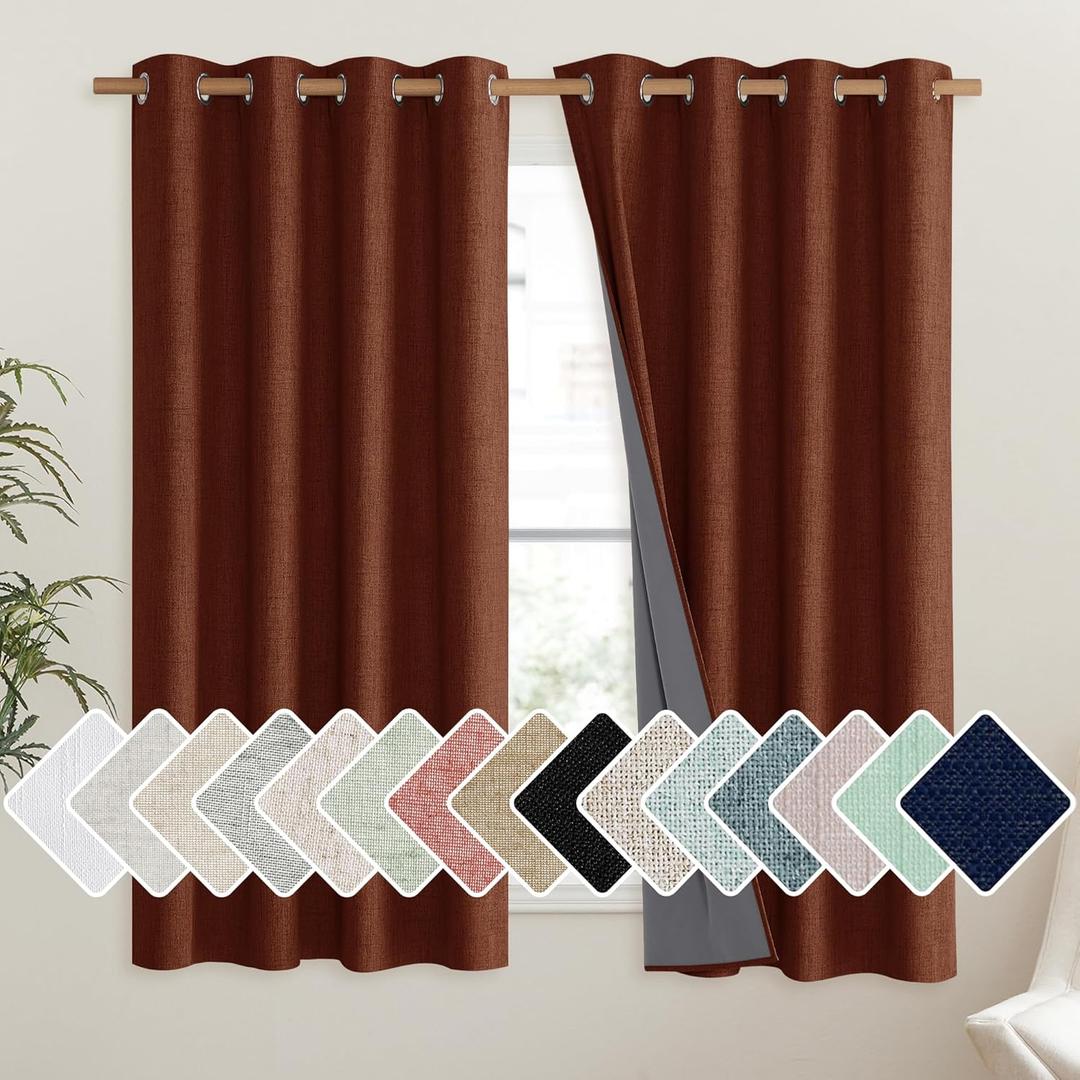 NICETOWN 100% Absolutely Blackout Linen Curtains with Thermal Insulated Liner, 52" Wide, 2 Panels, 45" Long Drapes, Grommet Retro Burnt Orange Linen Curtains Vertical Drapes Privacy for Bedroom