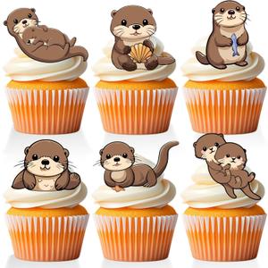 18 PCS Cute Otter Cupcake Toppers for Boys Girls Happy Birthday Baby Shower Animal Cake Decor Picks Sea Otter Birthday Themed Party Decorations