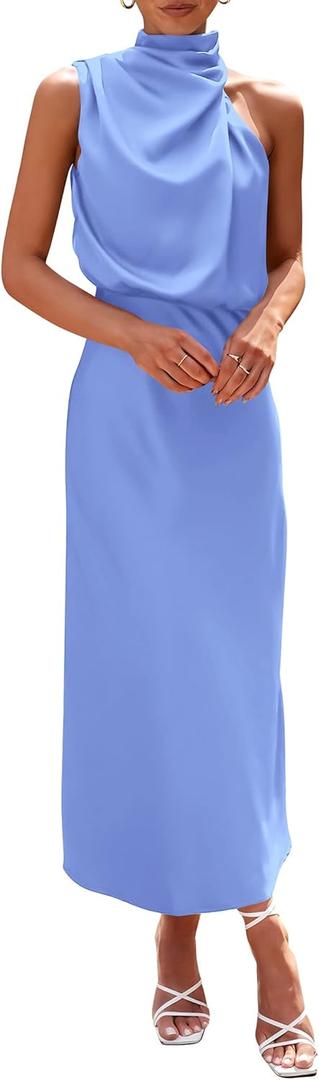 PRETTYGARDEN Women's 2026 Summer Satin Dress Elegant Sleeveless Mock Neck Cocktail Party Maxi Dresses (Medium, Blue)