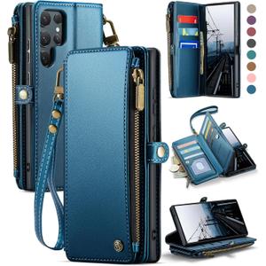 Defencase for Galaxy S25 Ultra Case Wallet with RFID Blocking Card Holder for Women Men, PU Leather Magnetic Snap Flip Wristlet Strap Zipper Wallet Phone Cases for Samsung Galaxy S25 Ultra 6.9", Blue