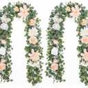 Waipfaru 2Pcs 6.07Ft Eucalyptus Greenery Garland with Flowers, Dusty Blue and White Rose Flower Vines for Wedding Table Runner Centerpieces Backdrop Room Decor (Champagne)