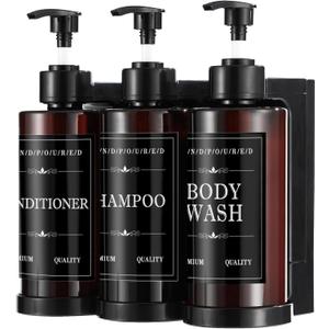 Shampoo and Conditioner Dispenser for Shower Wall, Body Wash Dispenser with 5 Waterproof Labels, No-Drill Wall Mounted Shower Soap Dispenser for Bathroom Decor Upgrade - Brown 3 Chamber