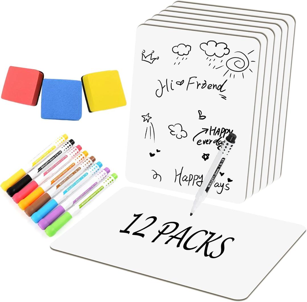 Set of 12 Small White Board Dry Erase Boards Classroom Pack 9" x12 Double Sided Personal Whiteboards for Teachers Lapboards Mini Whiteboard Erasers Incl and Colors Pens