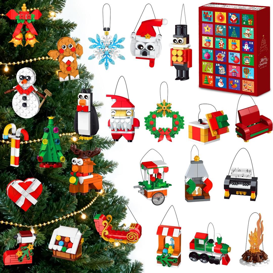 HOGOKIDS 2025 Advent Calendar Christmas Ornaments Building Set, 24 Days Countdown Hanging Christmas Tree Decor Wreath Santa Snowman Xmas Gift Stocking Stuffer Building Toys for Kids Boys Girls Ages 6+