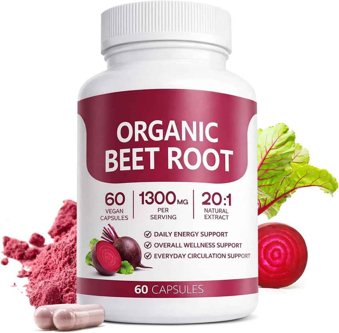 2 x Organic Beet Root Capsules,Purely Natural, Supports Circulatory Wellness, Efficient Oxygen Use, Plant-Based Beet Root Formula, Tablet Form, Daily Use, Non-GMO EXP 03/29/2028