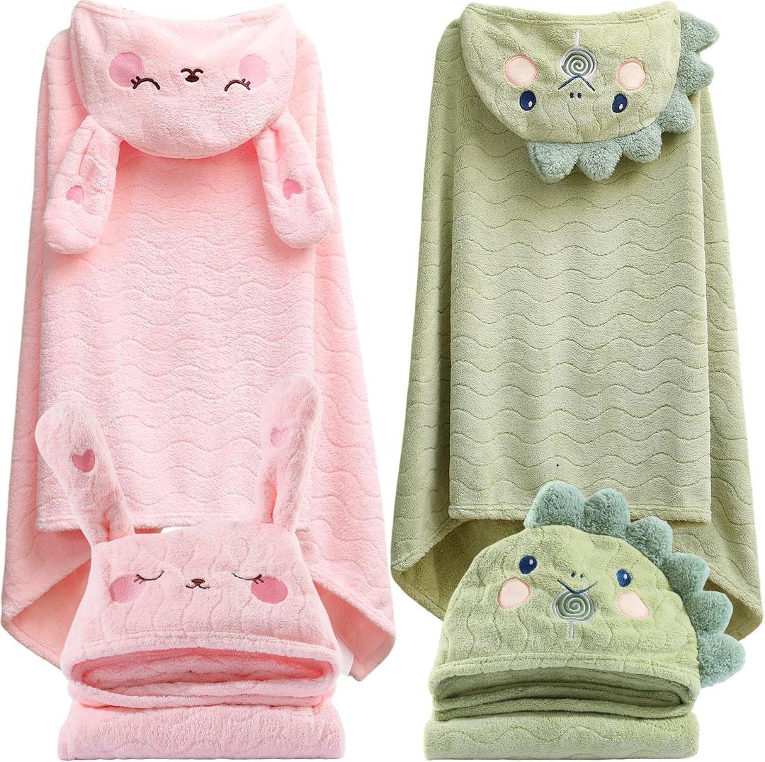 Hooded Towel for Kids, 2 Pack Ultra Soft Coral Fleece Kids Bath Towels, Absorbent Toddler Towels with Hood Age 0-10 Years for Infant, Kids - Large 27.5 X 55 inch (Pink Rabbit & Green Dinosaur)