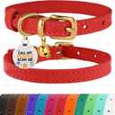 BRONZEDOG Leather Cat Collar with Removable Bells Non Breakaway Kitten QR Tag for Girl Boy (9" - 12" Cats/Mini Dogs, Red & Gold)