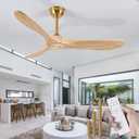 Solid Wood 3 Blade No Light Ceiling Fan, Brass Gold, 52''