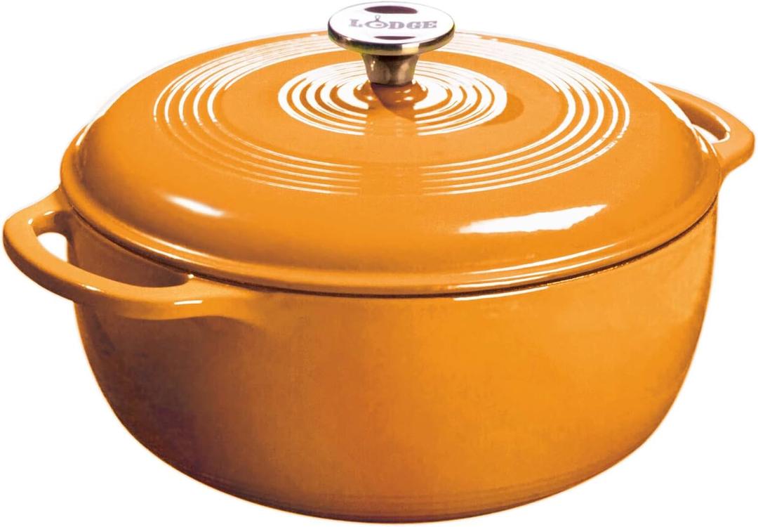 Lodge 7.5 Quart Enameled Cast Iron Dutch Oven with Lid  Dual Handles  Oven Safe up to 500 F or on Stovetop - Use to Marinate, Cook, Bake, Refrigerate and Serve  Apricot