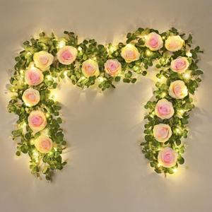 Dolicer 2Pcs Artificial Eucalyptus Garlands with Flowers - 8 Roses, Faux Floral Greenery Garlands Fake Flower Vines for Wedding Table Centerpieces Arch Party Decor (Pink)
