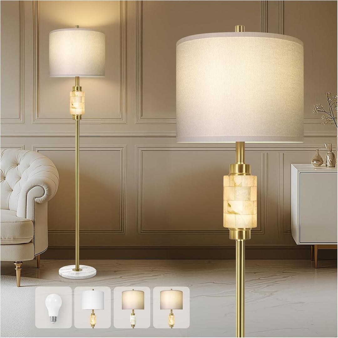 KIVDITZO Floor Lamps for Living Room with Night Light, Alabaster Standing Lamp with Linen Shade, Rotary Switch, Marble Tall Lamp, Gold Floor Lamps for Bedroom Living Room Office (Bulb Included)