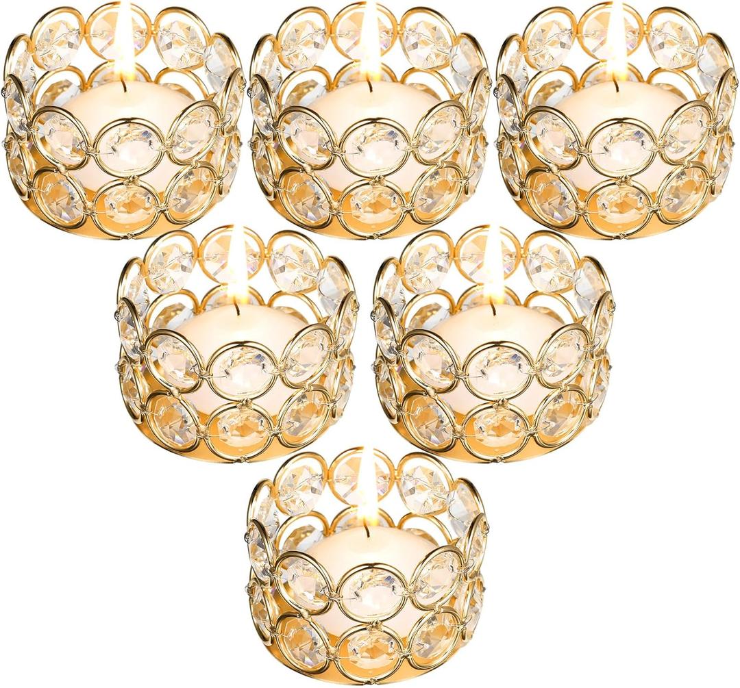 Potchen 6 Pieces Crystal Tealight Candle Holders Bulk, Votive Candle Holder Stands with Diamond Design for Table Centerpieces Wedding Party Home Decor and Holiday Favors (Gold)