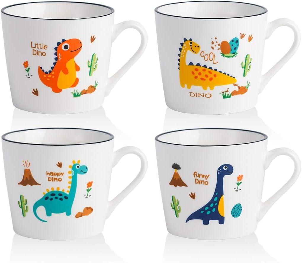 13 OZ Ceramic Dinosaur Mugs Set of 4, Dino Cups for Gifts, Cute Cartoon Porcelain Mugs for Hot Milk, Coffee, Cereal, Christmas Gifts for Kids, Girls, Dishwasher and Microwave Safe
