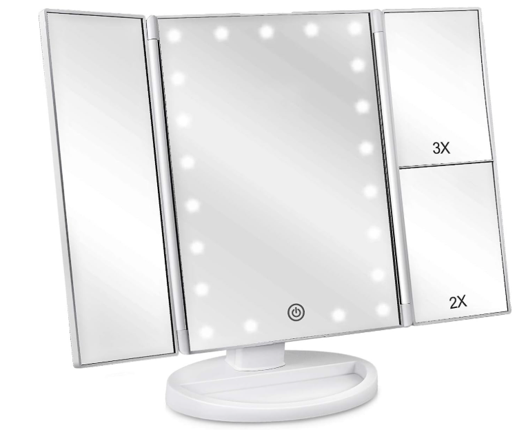 deweisn Floor Mount TriFold Lighted Vanity Mirror with 21 LED Lights, Touch Screen and 3X/2X/1X Magnification, Two Power Supply Modes Make Up Mirror,Travel Mirror