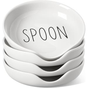 LE TAUCI Spoon Rest for Stove Top, Set of 4 Ceramic Spoon Holder for Kitchen Counter, 5-Inch Heat Resistant Utensil Rest for Cooking Spatula, Whisks, Ladle, Dishwasher Safe, Oyster White
