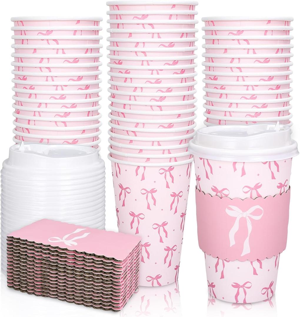 Whaline 50 Set Pink Bow Disposable Coffee Cups with Lids and Sleeves Coquette Bowknot Paper Drinking Cups for Valentine's Day Mother's Day Wedding Birthday Baby Shower Bachelorette Party Supplies