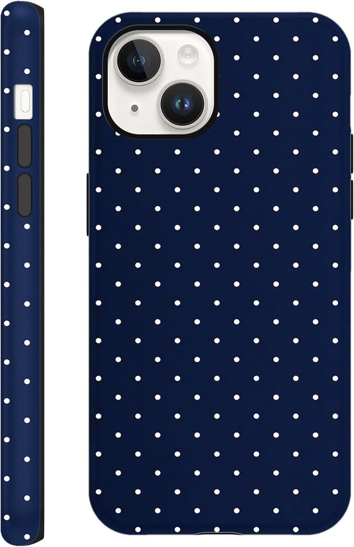 Polka Dot Phone Case for iPhone 13 / iPhone 14 Cute Trendy Pattern Case 6.1", Aesthetic Stylish Print Design Matte Cover Hard PC Shockproof Soft TPU Protection Girls Women Funda, Navy Blue