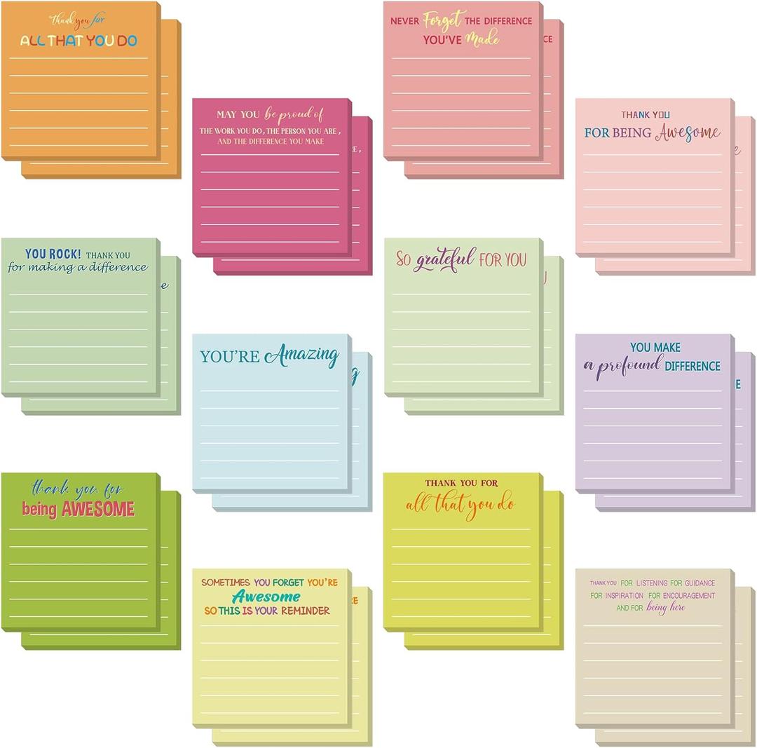 Yinder 24 Pcs Inspirational Sticky Notes - Employee Appreciation Thank You Gifts Bulk, 3x3 Mini Pocket Notepads for Teacher Office Staff End of Year Motivational Supplies (Appreciation,Macaron Color)