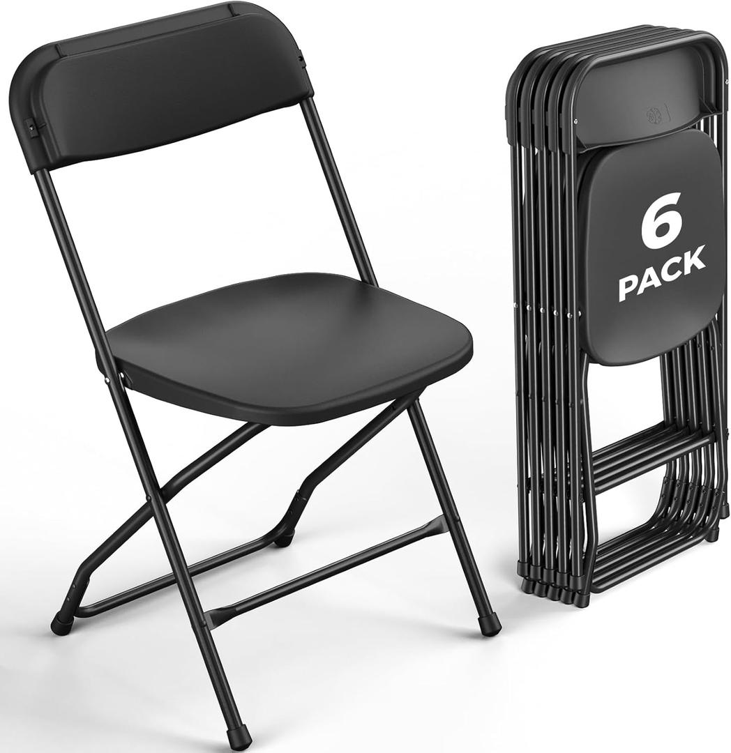 6 Pack Black Plastic Folding Chairs, Outdoor Portable Folding Chair with Steel Frame, 350lbs Capacity Stackable Foldable Chairs for Patio, Garden, Picnic, Kitchen, Events