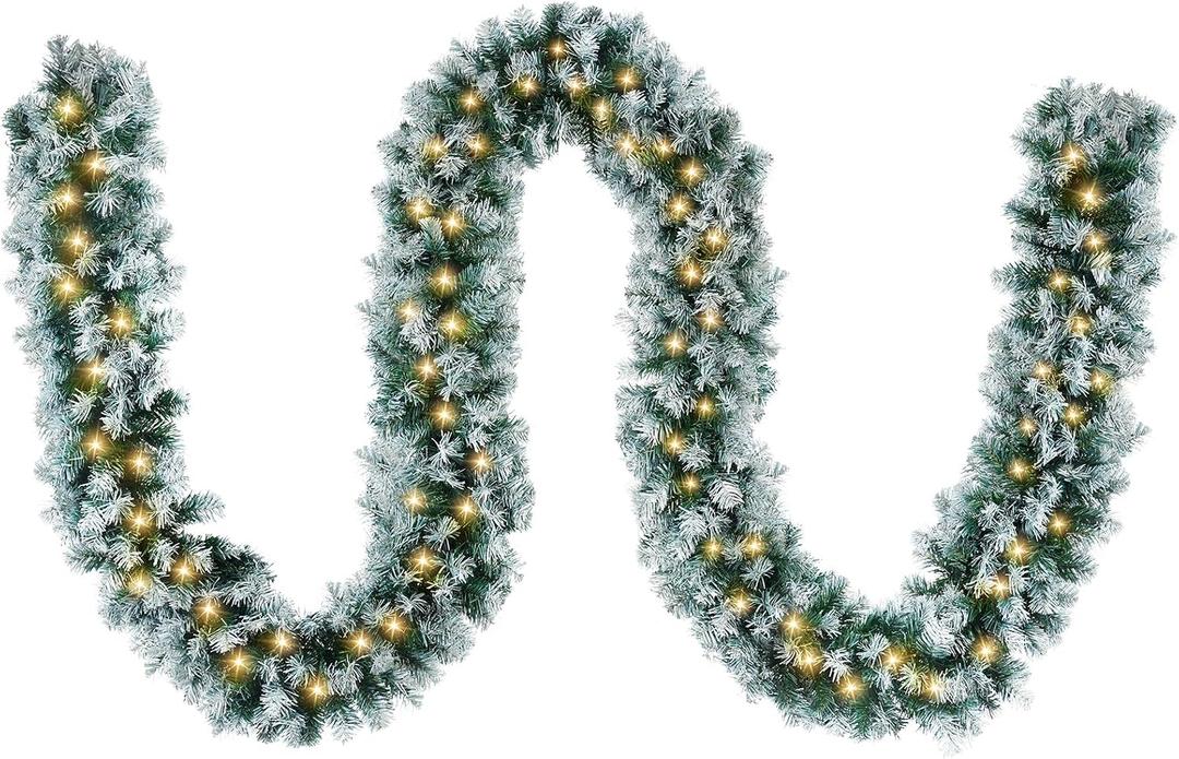 Christmas Garland with Light, 18 FT Chrismas Garland with 100 Lights and 520 Frosted Tips for Mantle, Staircase, Doorway, Indoor Outdoor Decorations