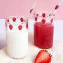 strawberry cups 2 Sets Cute glass strawberry cups 300ML straw glass cups, Cute strawberrys pattern glass bottles for water milk tea, coffee juice tea cups (2pcs)