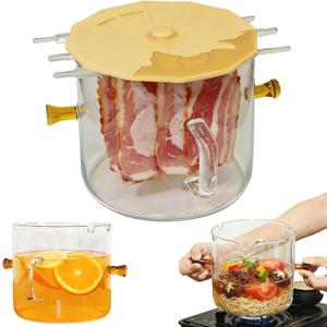 Glass Bacon Cooker, Microwave Bacon Tray with Cover for Oven, Heat-Resistant Borosilicate Glass Cooking Pot for Stove, Grease Easy Clean (Yellow)