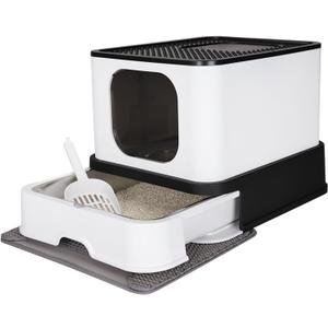RIZZARI Stainless Steel Cat Box: Black Enclosed Litter Pan with High Walls - Large Capacity & Leak-Proof Tray - Non-Stick Teflon Coating Drawer for Fast Cleaning - Living Room Balcony (Dark Gray)