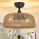 Rattan Ceiling Fans with Light and Remote 18.9" Boho Fandelier Ceiling Fan with Light Farmhouse Woven Caged Ceiling Fan Light for Bedroom Living Room Kitchen Dining Room