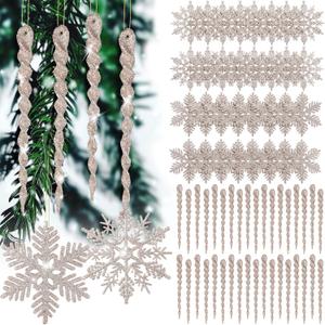 Deekin 72 Pieces Snowflake Icicle Ornaments for Christmas Tree Snowflake Twisted Icicles Glitter Hanging Decorations for Winter Xmas Tree New Year Party Supplies(Champagne)