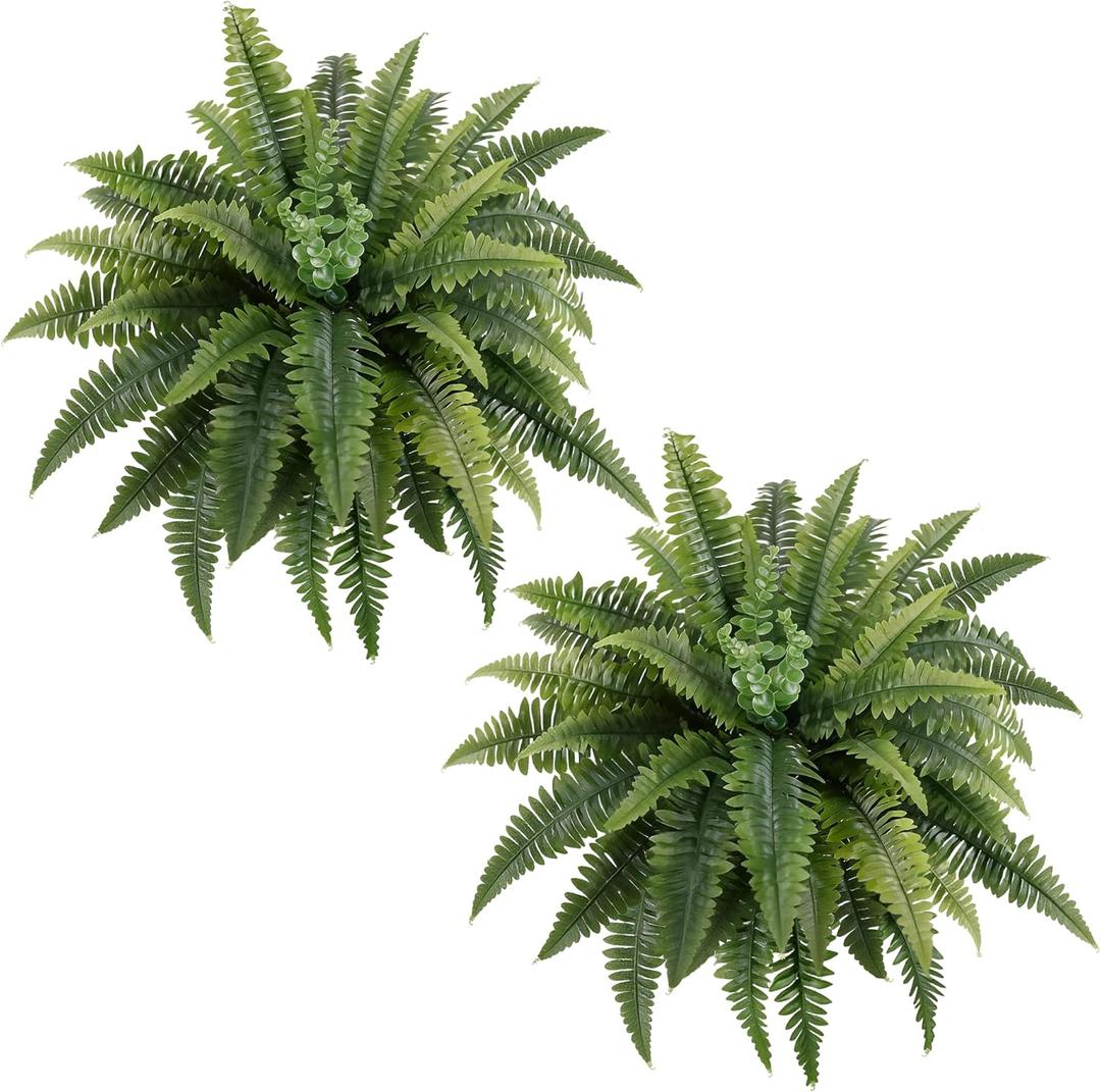 Fake Ferns - 2 Packs Artificial Ferns for Outdoors & Indoors, Lifelike 36in Faux Boston Fern with Eucalyptus Stems Centered for Porch Planters Home Office Hotel Garden, UV Resistant, Potted or Hanging (40 fronds-2p)