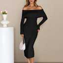 MEROKEETY Women's Winter Off Shoulder Bodycon Sweater Dress 2026 Spring Formal Long Sleeve Elegant Club Party Midi Dresses (Black, S)