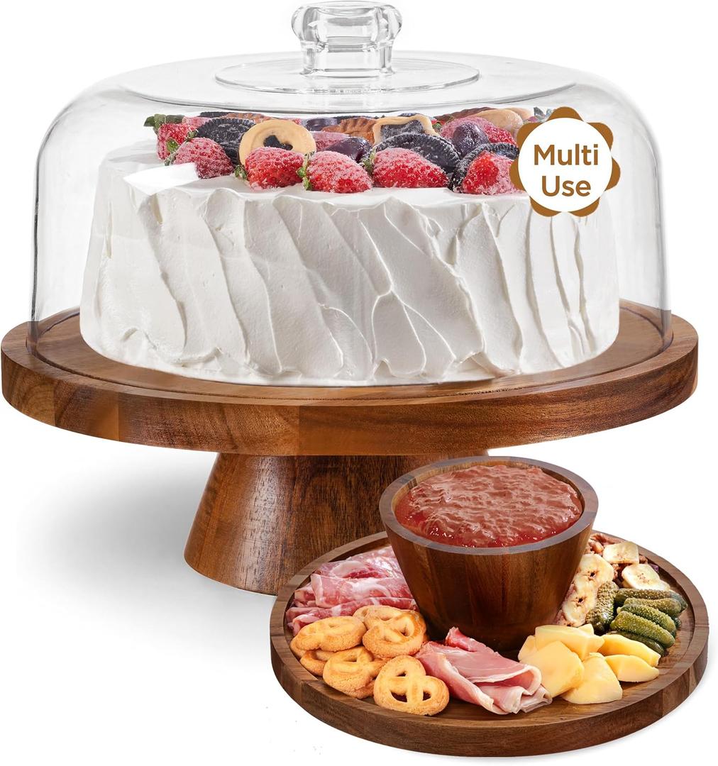 HBlife Cake Stand with Lid Multifunctional Cake Stand with Acrylic Dome Acacia Wood 6-in-1 Cake Plate Display Stand with Cover for Baking Gifts, Birthday Kitchen Parties, Weddings