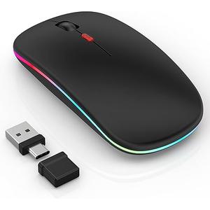 Gizdot Wireless Mouse for Laptop/MacBook Air/Pro & iPad, Mouse Jiggler Mode Bluetooth 5.2/2.4G Rechargeable Silent Click 3Level DPI Slim Portable USBA&C Receiver (Mouse Jiggler Mode, Black)