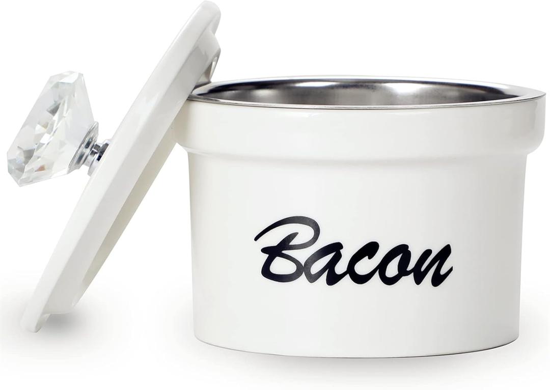 Bacon Grease Container Keeper with Crystal Lid and Strainer, 12 oz Ceramic Frying Oil Storage Can Container for Countertop,Farmhouse Kitchen Decor (Silver)