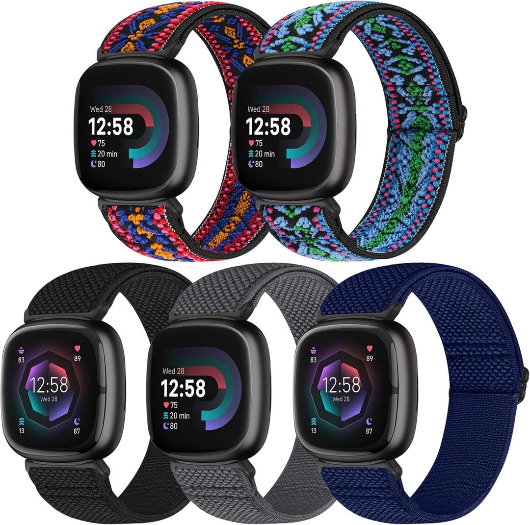 Compatible with Fitbit Versa 4/Versa 3/Sense 2/Sense Band Women Men, 5 Pack Elastic Nylon Soft Adjustable Stretchy Solo Loop Replacement Strap for Women Men (Black+Grey+Indigo+Boho Red+Boho Blue)
