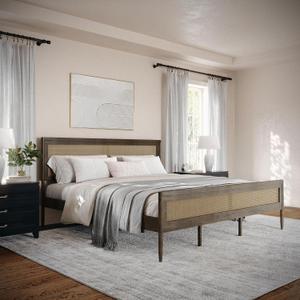 Martha Stewart Jax King Solid Wood Platform Bed, Brown Gray Rattan Headboard and Footboard, No Box Spring Required, Wood Slat Foundation 85.25"L x 79.75"W x 44"H