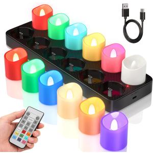 SoulBay Flameless Candles Color Changing Rechargeable, 12pcs LED Flickering Tea Lights Votives Candle with Charging Base & Remote Timer for Room Table Party Halloween Decorations, Multicolor, 1.57"