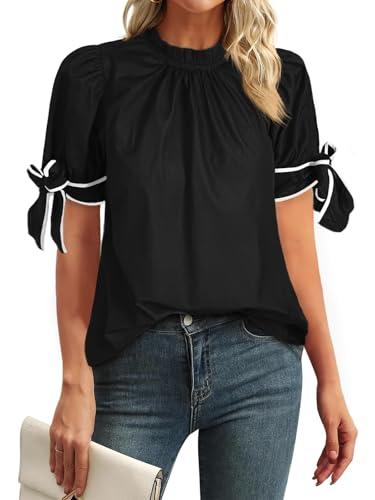 Cicy Bell Womens Summer Bow Puff Sleeve Blouse Dressy Casual Pleated Cotton Tops Mock Neck Loose Fit Shirts Black