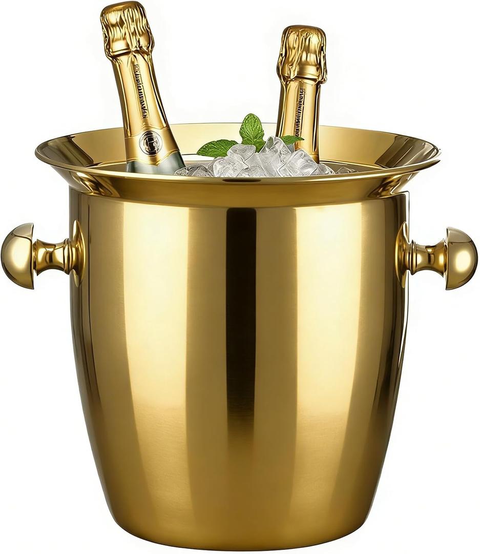 Ice Bucket, Large Ice Bucket for Parties, 5L Portable Stainless Steel Wine Buckets with Handle for Champagne, Beer, Cocktails, Indoor, Outdoor, Camping, Picnic(Gold)
