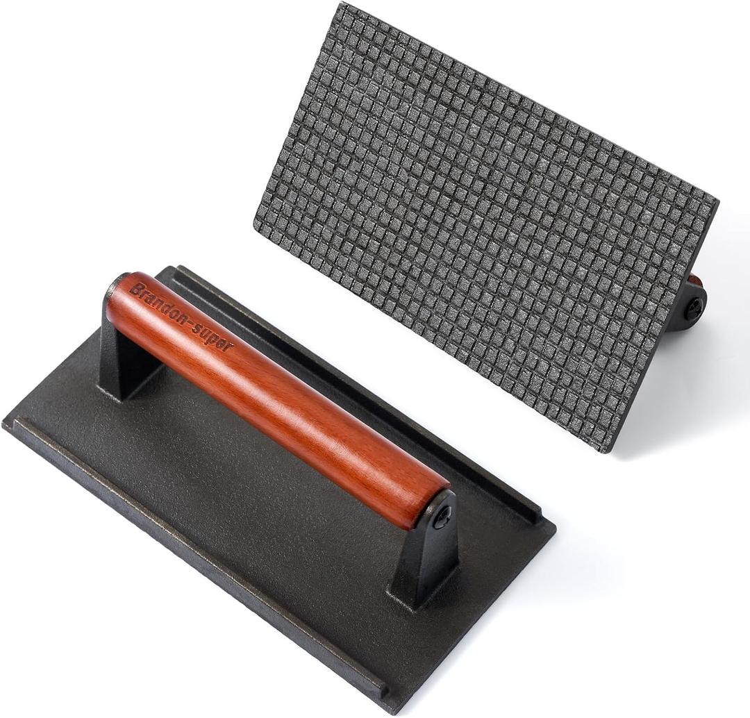 Brandon-super Heavy-Duty Cast Iron Smash Burger Press - Food Grade Press for Perfect Grill Marks, Stay-Cool Wood Handle, Griddle - Smash Burger, Hamburger, Burger Smasher for Griddle (Rectangle)