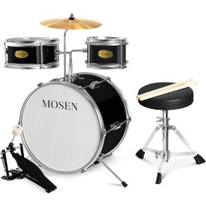 MOSEN 3-Piece Beginner Drum Set, Bass Tom Snare Percussion Kit with Adjustable Throne, Cymbal, Pedal & Drumsticks, Black