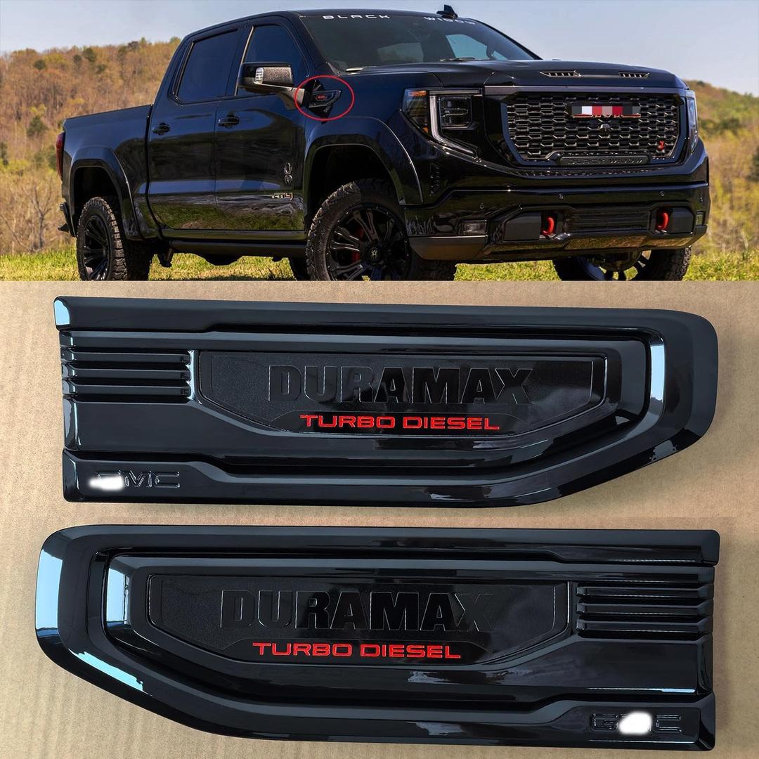 2pack OEM 2019-2026 Duramax Truck Turbo Vent Emblem Right Left 3D Nameplate Badge Replacement for Sierra 1500 86532091 (Gloss Black Red)