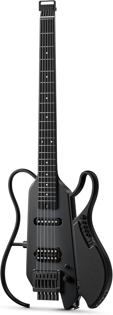 DONNER HUSH X LIVE Electric Guitar with Detachable Speaker, Headless Travel Guitar Built-in Amp Modeling & Effects, Bluetooth Practice Guitar Kit with Gig Bag, Black