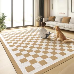 Washable 8x10 Checkered Area Rug for Living Room, Tan Brown Checkerboard Modern Boho Large Rugs, Ultra Thin Low Pile Lightweight Indoor Carpet with Non-Slip Backing for Bedroom Kids Nursery Play Room
