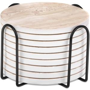 9 Pieces Ceramic Coasters for Coffee Table Absorbent, Billbotk Drink Coasters with Holder, Marble Style Coasters for Wooden Table, Home Decor, Suitable for Kinds of Cups, 4 Inches,Old Beige