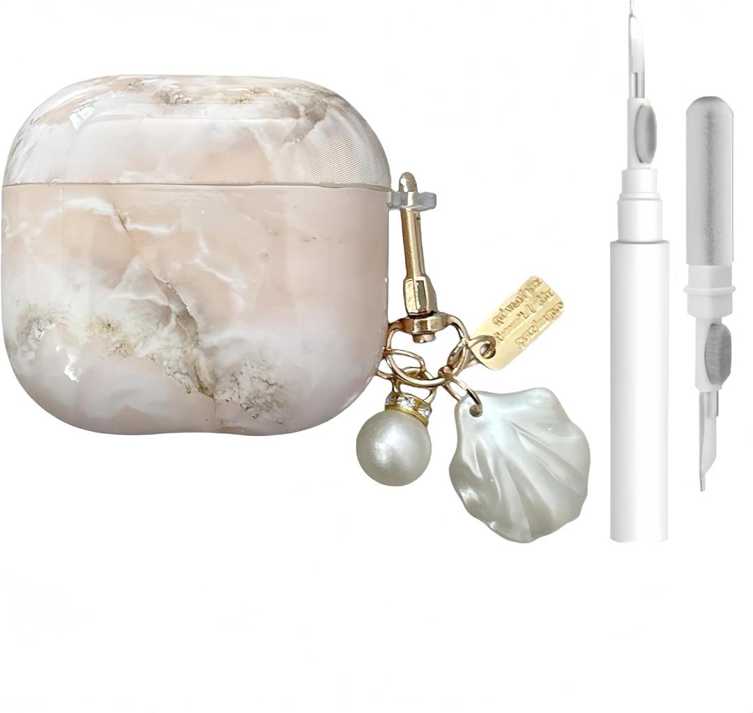 Case for AirPods 4 - Marble Pattern Case Cover with Shell Pearl Keychain and Cleaner Tool Compatible with Apple Airpods 4th Generation 2024, Light Pink