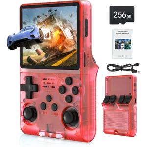 FVBADE[30000 in 1] R40S PRO Handheld Game Console 3.5 inch IPS Screen Mini Retro Console 3800mAh Portable Pocket Arcade 45+ Mainstream Emulator 256G TF Card Transparent.(Red)
