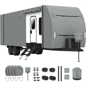 RV Cover, Upgraded Heavy Duty Waterproof RV Travel Trailer Cover Thick 7 Layers Top Fits 30'-33', Anti-UV & Windproof Camper Cover with Tongue Jack Cover, Tire Covers and Gutter Covers