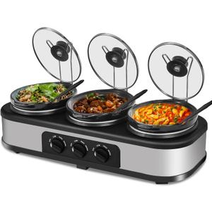 Triple Slow Cooker, 3×1.5 QT Buffet Servers and Warmers, 3 Pots Buffet Slow Cooker Adjustable Temp Lid Rests Stainless Steel Manual Silver for Parties Holidays Families, 4.5 Quarts